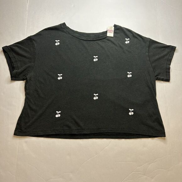PINK Crop Tee Medium Washed out Black All Over Cherry Print New - Picture 1 of 7